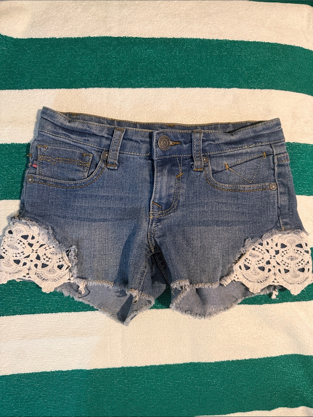 Girls Denim Crochet Trim Shortie Shorts - Blue